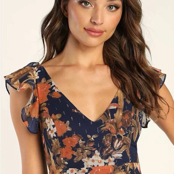 lulus Stunning Favorite Navy Blue Floral Ruffled High-Low Maxi Dress - Picture 2 of 9